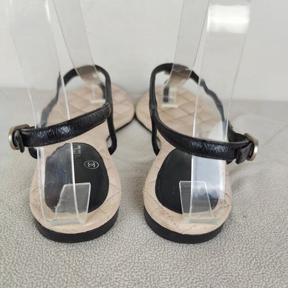 Chanel Thong Sandals‎ Womens 36C 6 Black Leather Interlocking CC Flats Quilted - Picture 7 of 10
